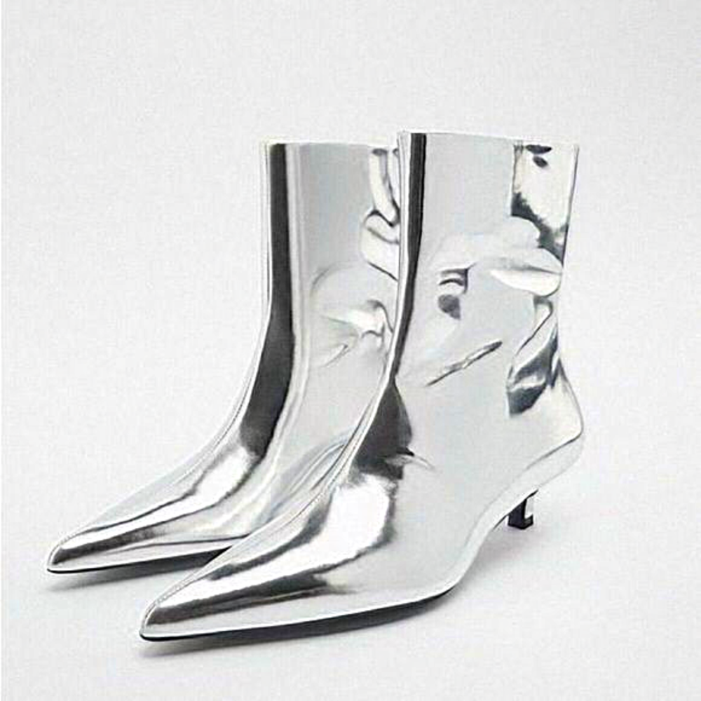 ZARA‎ Silver Metallic Leather Ankle Boots